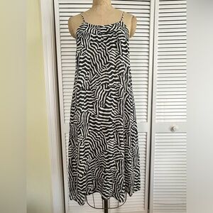 Thalassa Zebra Striped Tank Dress Pullover Pockets Flowy Midi Small Gray Ivory